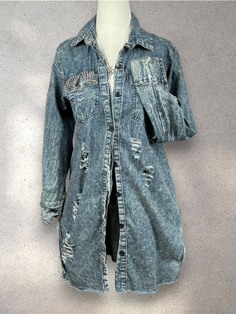 THRILL Distressed Denim Shirt Dress Women’s M Acid Wash Rhinestone Y2K Grunge
